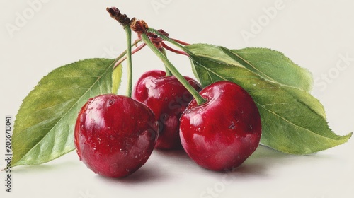 fresh cherries framed by green leaves, realistic colors 