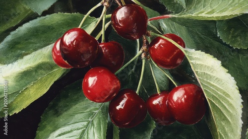 fresh cherries framed by green leaves, realistic colors 
