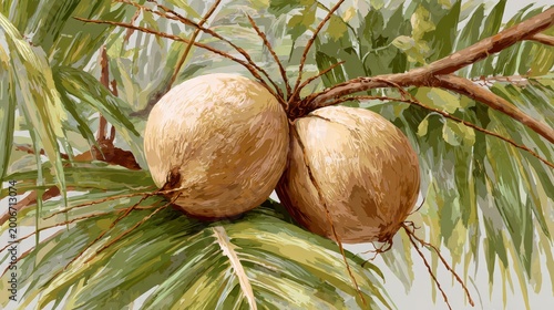 fresh coconuts peeking through palm leaves, slightly close-up