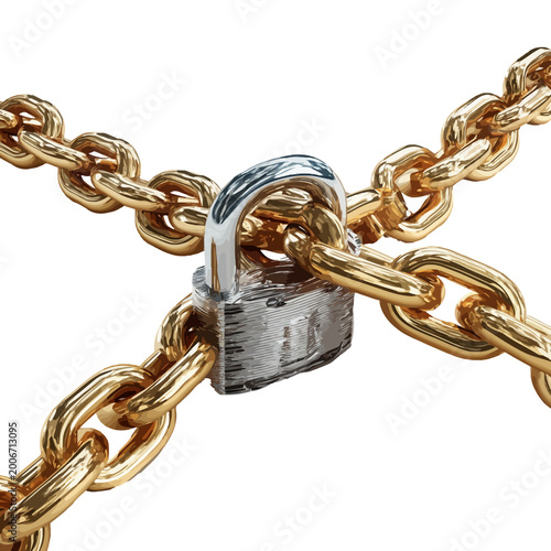 Heavy metal chains secured with a padlock against a dark background