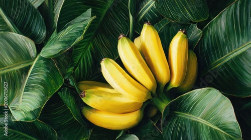 fresh yellow bananas framed by green leaves, realistic food photography 