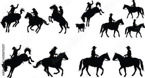 Foto Cowboy horse riding silhouettes collection featuring rodeo ranch scenes and west