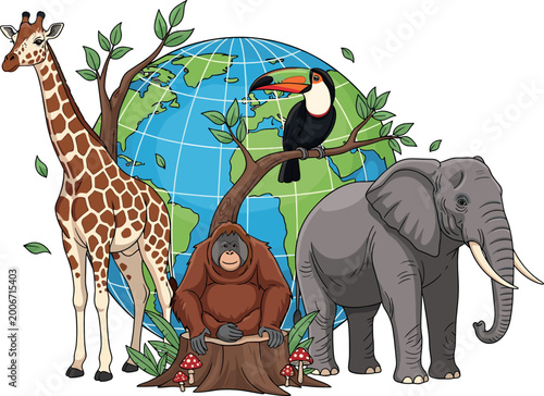 Photography Cartoon Wild Animals Group with Giraffe Orangutan Toucan and Elephant Standing A