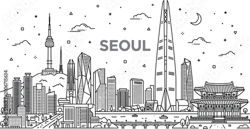 Obraz na plátně Line Art of Seoul's Skyline with Iconic Landmarks Including Namsan Tower and Lot