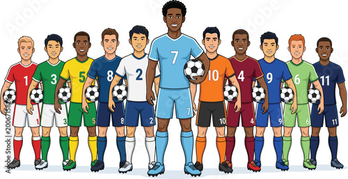 Εκτύπωση καμβά Cartoon Soccer Players in Different Team Colors with Soccer Balls for Sports, Te