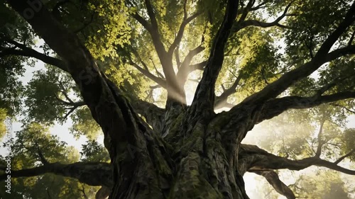 Majestic tree in lush forest illuminated by sunlight during daytime