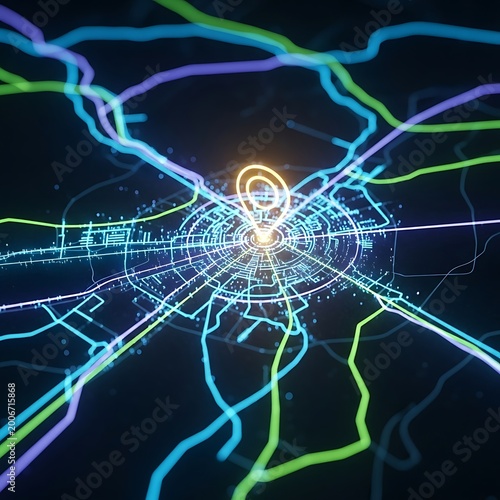 Futuristic glowing map with central location pin and connecting data lines