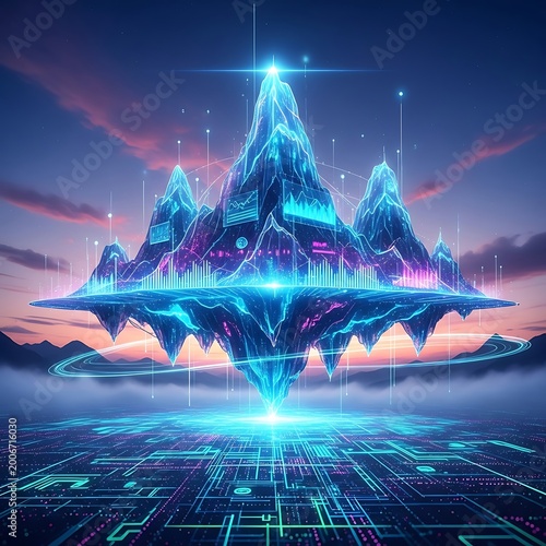 Futuristic glowing mountain island, digital data, cityscape, sky