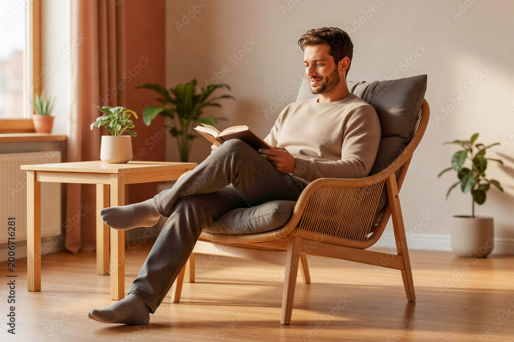 Fototapeta premium Relaxed Man Reading a Book While Seated in a Modern Wooden Armchair within a Cozy Minimalist Living Room