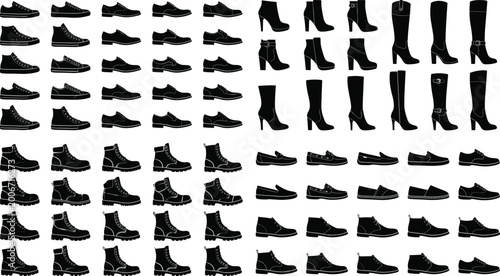 Quadro su tela Footwear silhouettes collection with sneakers boots formal shoes and heels isola