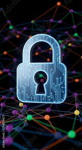 Futuristic glowing padlock with circuit patterns on a network. Technology