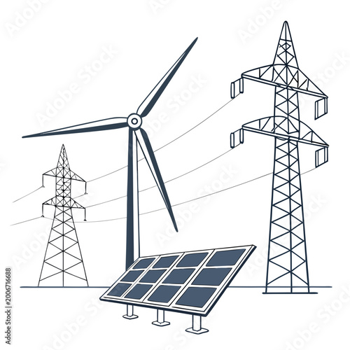 Foto wind turbine solar panel and power lines vector illustration on a white backgrou