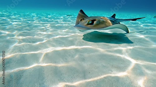 Octopus in the ocean, panning over to a stingray swimming, mp4 video. AI