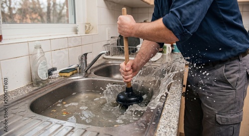 Man using a plunger to fix a clogged kitchen sink. Close up of hands working to clear a drain blockage in a messy sink.