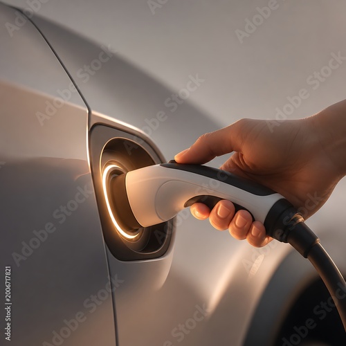 Close-up of a hand plugging an electric vehicle charging cable into a car's charging port, highlighting sustainable energy and modern automotive technology.
