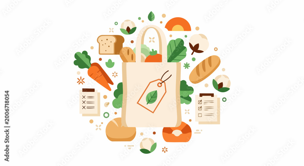 Fototapeta premium Eco-Friendly Grocery Shopping Illustration with Reusable Canvas Tote Bag, Fresh Produce, and Shopping Lists on White Background