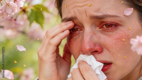 Woman suffering from spring allergy and hay fever with itchy red eyes and runny nose. Sick female patient holding tissue near blossoming cherry trees. Chronic seasonal health symptom.