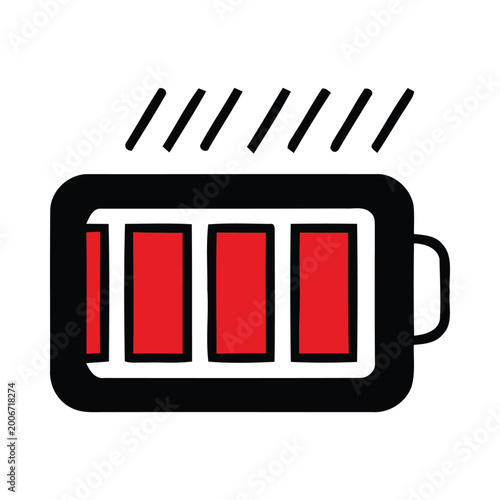 Overcharged battery icon emits heat lines on white background