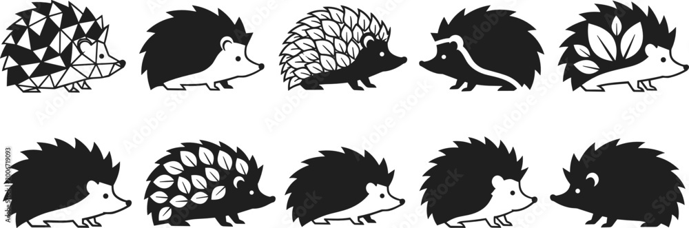 Fototapeta premium Cute Hedgehog Vector Icon Set Featuring Minimalist Geometric Nature and Leaf Patterns for Creative Logo Design Wildlife Illustrations and Animal Branding Projects
