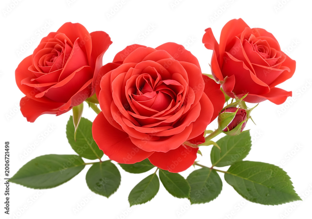 Fototapeta premium Vibrant red roses with delicate green leaves and stems isolated on white background
