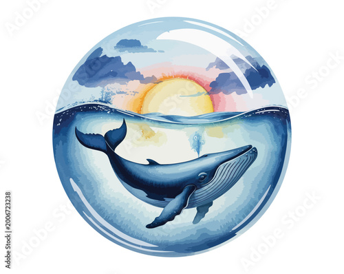 Photos Dreamy Watercolor Whale Swimming in Floating Water Bubble vector illustration is