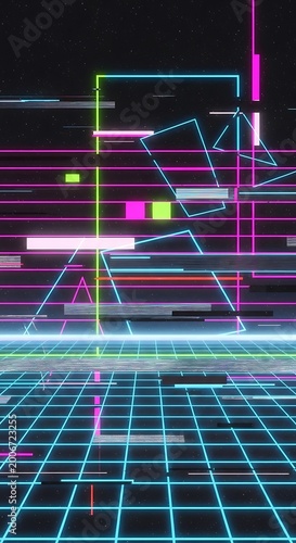 Futuristic grid landscape with neon geometric shapes, digital glitch, starry sky
