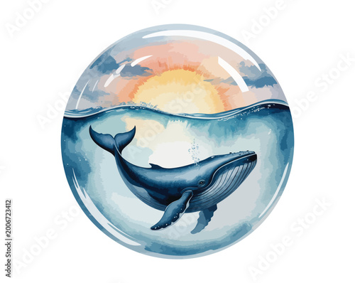 Tableau sur toile Dreamy Watercolor Whale Swimming in Floating Water Bubble isolated on white back