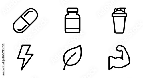 Foto Vector icons of health and fitness symbols including a pill, bottle, coffee cup,