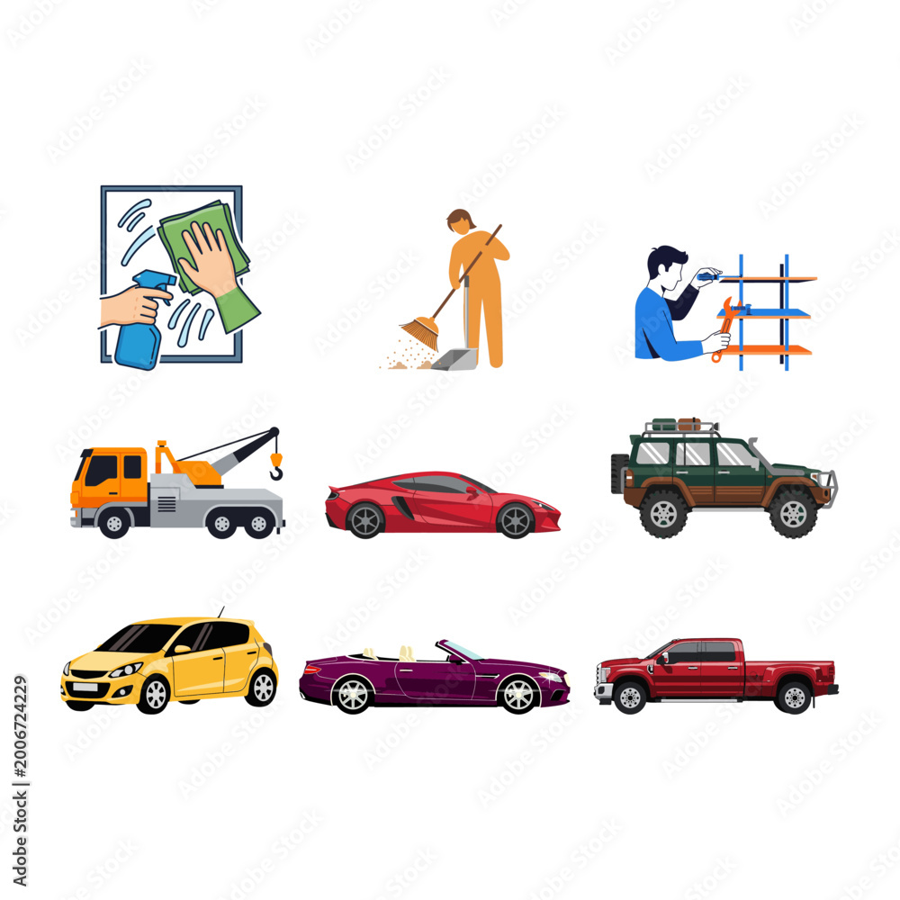Naklejka premium Vibrant vector set showcasing diverse household chores, maintenance activities, and sleek modern automobiles