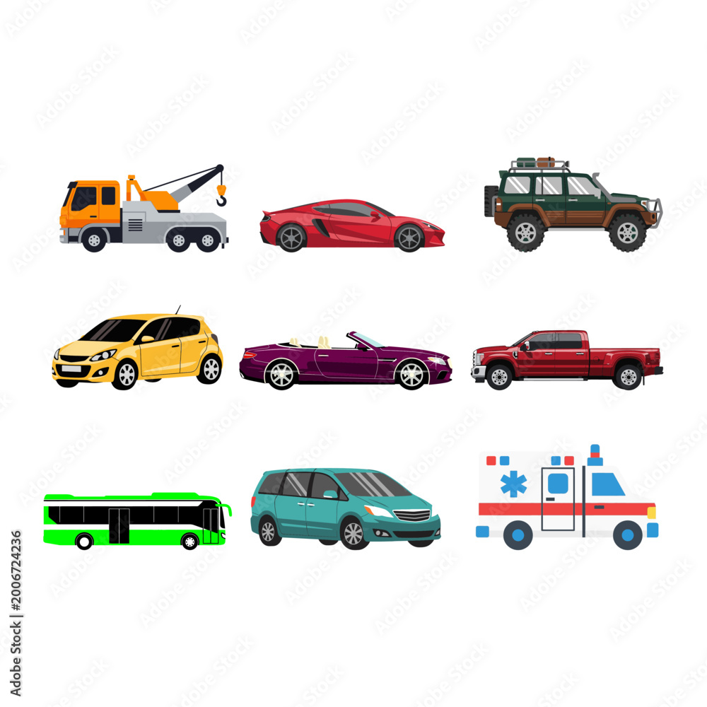 Naklejka premium Vector collection of diverse vehicles and transportation icons, including cars and trucks