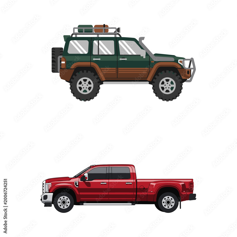 Fototapeta premium Adventure and Utility A Modern Vector Artwork Depicting Robust Off-Road Vehicle and Powerful Pickup Truck