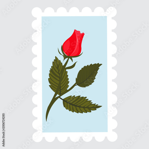 A postage stamp depicting a red rosebud on a stem with leaves. Vector illustration isolated on a gray background.