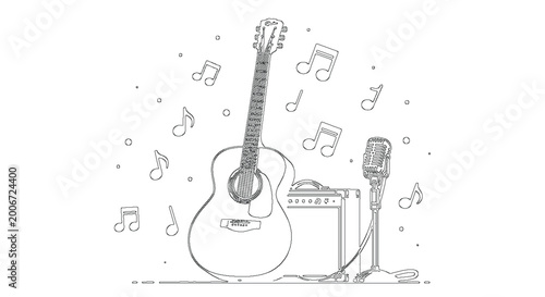 Quadro su tela Acoustic Guitar and Vintage Amplifier Line Art Illustration