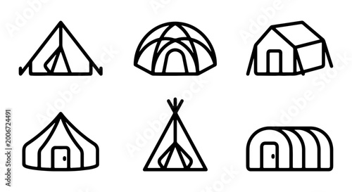Bild auf Leinwand Collection of various tent and camping shelter icons in simple line style