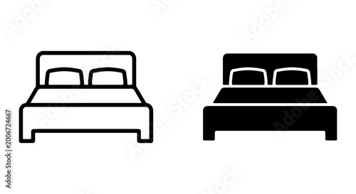 Black and white line art illustrations of two beds with headboards and pillows