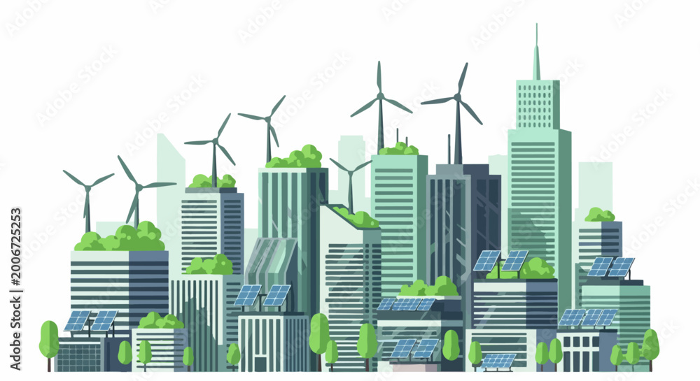 Fototapeta premium Sustainable Green City Illustration with Wind Turbines, Solar Panels, and Eco-Friendly Skyscrapers for Renewable Energy and Urban Sustainability Concepts
