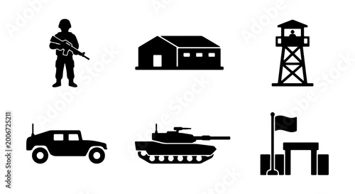 Bild auf Leinwand Military icons including soldier, tank, and watchtower