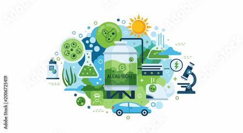 Algae Biofuel Production Process Illustration with Bioreactor, Lab Equipment, and Renewable Energy Icons for Sustainable Green Technology Concepts