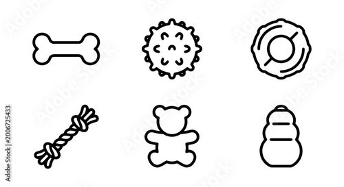 Collection of dog toys and treats in simple line art style