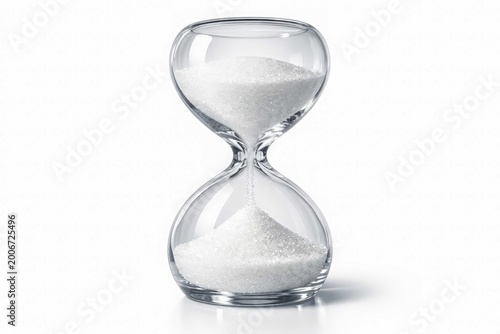 Elegant clear glass hourglass with fine white sand flowing steadily between chambers on a plain white background, symbolizing time passage and minimalist design
