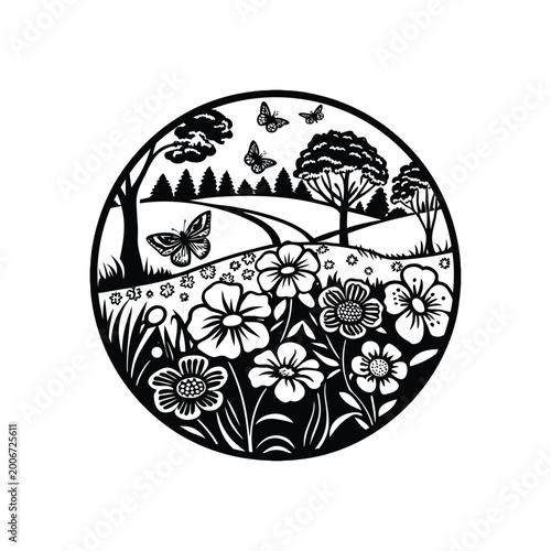 Vibrant flower garden with butterflies fluttering around blooming flowers and trees.
