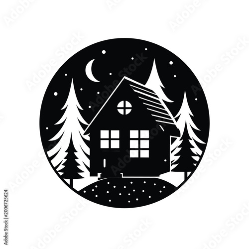 Cozy cottage nestled among pine trees under a starry night sky with a crescent moon.