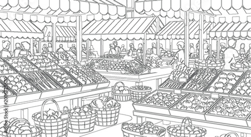 Bustling Farmer's Market with Stalls and People Line Art