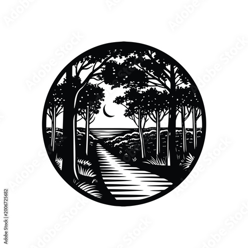 Serene forest path leading to the ocean under a crescent moon and starry night sky.