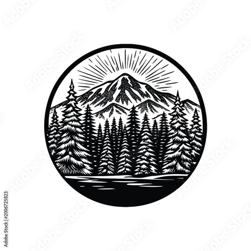 Detailed circular illustration of a mountain range with pine trees and a radiant sun at sunrise.