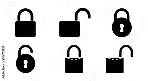 Collection of various black padlock icons in different states and orientations