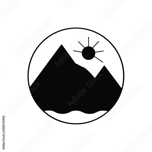Minimalist circular logo featuring mountains, sun, and waves, representing adventure and nature.