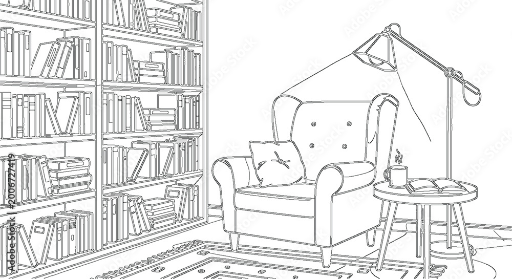 Fototapeta premium Cozy Reading Corner with Armchair and Books Line Art