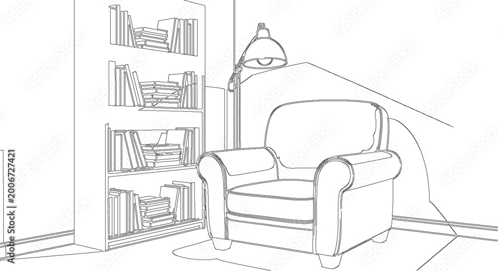 Fototapeta premium Comfortable Home Interior Study Room Vector Sketch