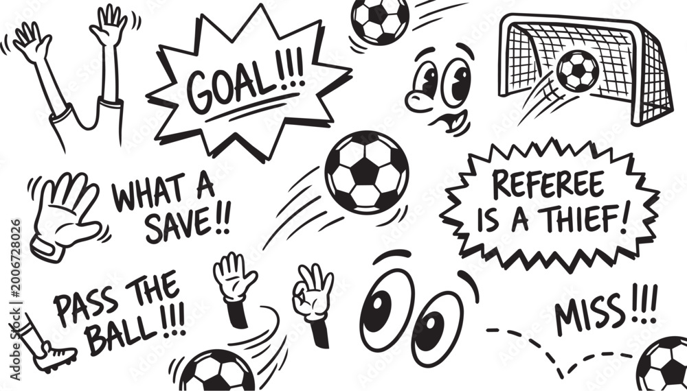 Naklejka premium Creative black and white hand-drawn vector doodles featuring soccer balls, goalposts, expressive character faces, and gesturing hands.